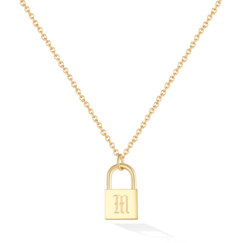 Old English Initial Padlock Necklace Yellow Gold Glacier Mist